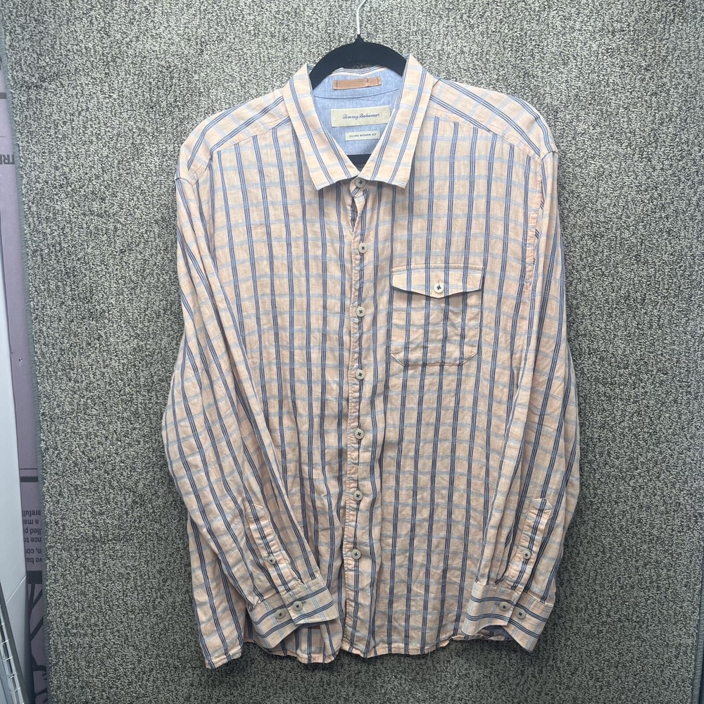 Tommy Bahama Relax Mens Linen Button Up Shirt XL Plaid Island Modern Fit Pink
